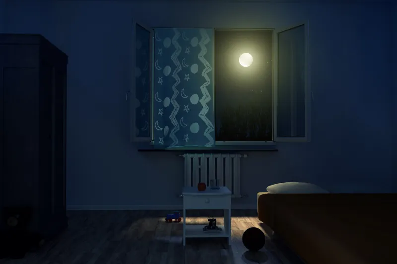 3d rendering of children's room at night with shining bright moon