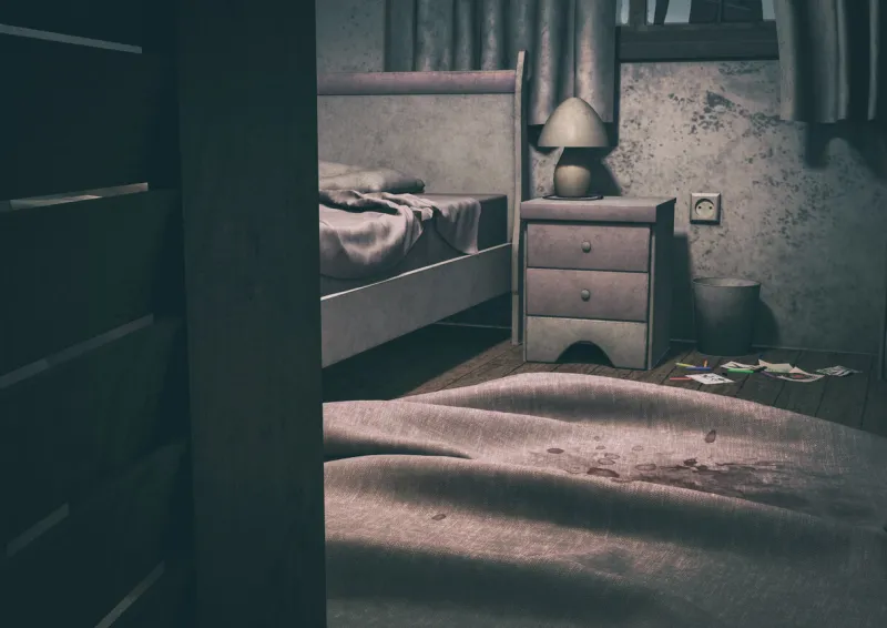 vintage illustration of a carpet covers by blood, dirty walls, in a creepy angle