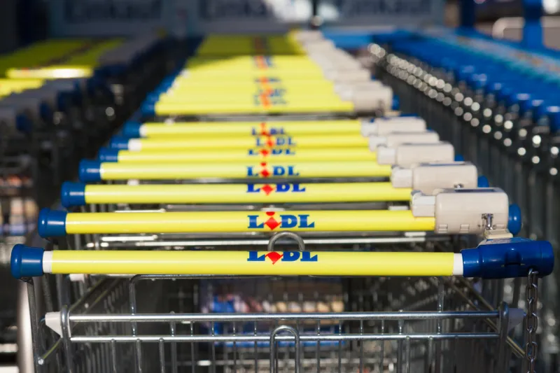 burg, germany - november 13, 2016  shopping carts of the german supermarket chain, lidl stands together in a row lidl is a german global discount supermarket chain, based in neckarsulm, germany