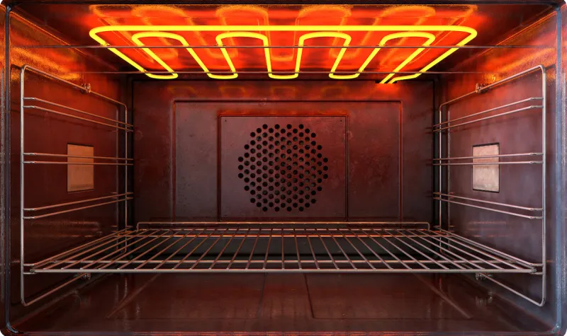 an upclose view through the front of the inside of an empty hot operational household oven with a glowing element and metal rack - 3d render