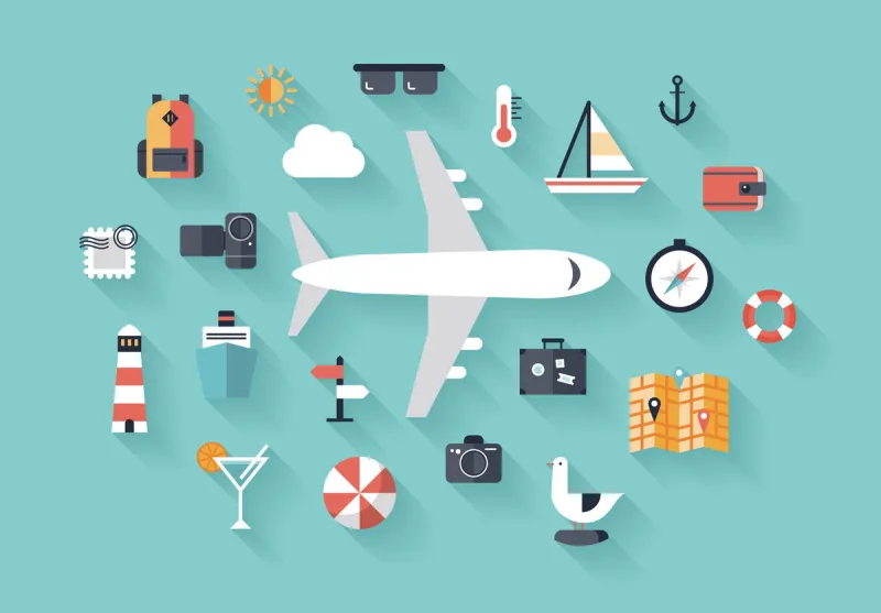 flat design style modern vector illustration icons set of traveling on airplane, planning a summer vacation, tourism and journey objects and passenger luggage isolated on stylish background