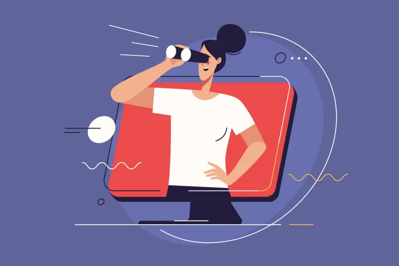 vector illustration depicting a woman looking through binoculars editable stroke