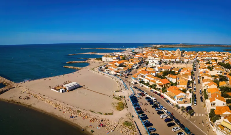 the aerial view of saintes-maries-de-la-mer, the capital of the camargue in the south of france