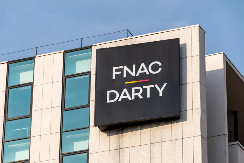 ivry-sur-seine, france - july 9, 2023  facade of the headquarters building of fnac-darty, a french company specializing in retailing electronic goods, household appliances and cultural products