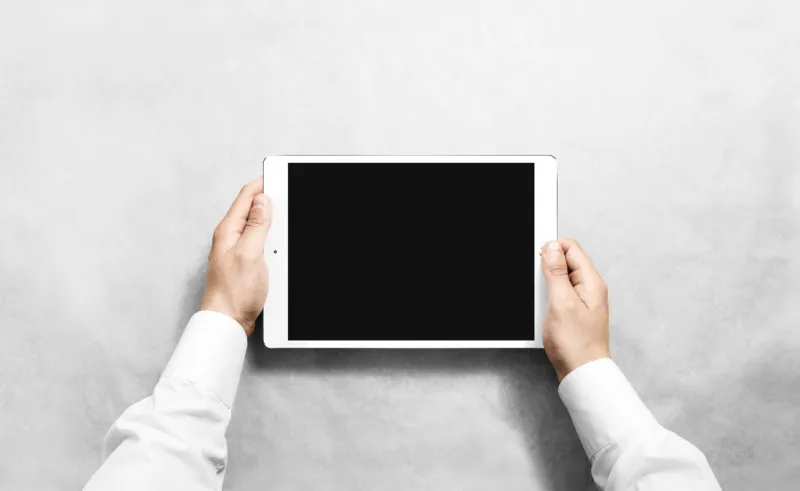 hands holding blank tablet mock up new portable pc screen presentation empty device display mockup space touchscreen gadget hold in arms white hd wide screen monitor holder