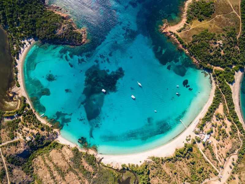 aerial view of rondinara beach in corsica island in france