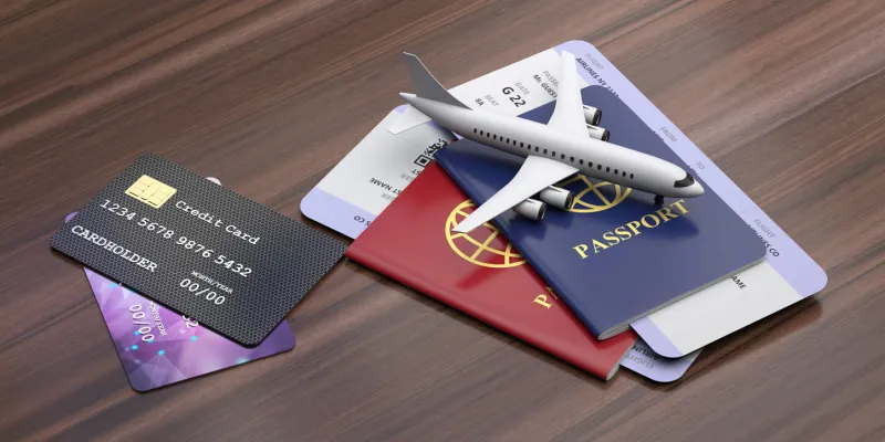 credit cards and travelling documents on wooden background electronic banking, payment for holidays and transportation concept 3d illustration