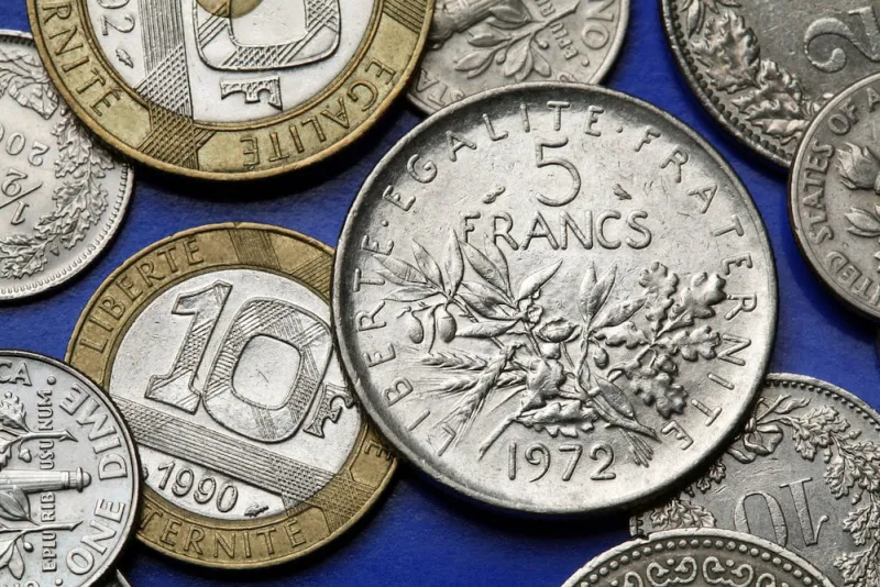 coins of france olive and oak branches depicted in the old five french franc coin