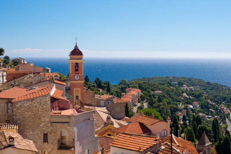 view of the sea and the cote d'azur from the fortress of the ancient castle in roquebrune-cap-martin, france on the mediterranean coast near monaco travel along the cote d'azur
