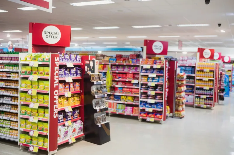 photograph of shelves with promotions in a supermarket