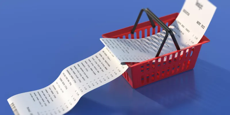 shopping basket and paper receipt on blue background groceries, supermarket shopping payment concept 3d illustration