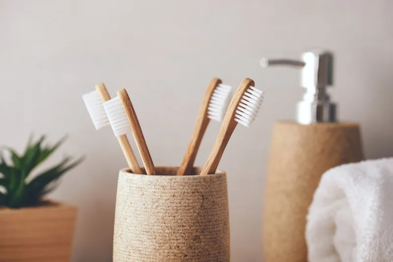 close up of organic bamboo toothbrushes in the bathroom