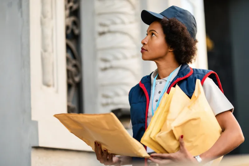 african american postal worker delivering mail in the city