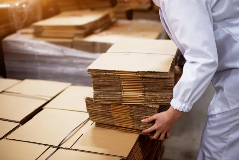 close up of young female worker picking up stacks of folded cardboard boxes from a bigger stack in factory storage room