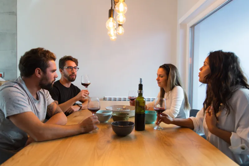 group of friends arguing over glass of wine in dining room young men and women in casual meeting indoors emotional talk concept