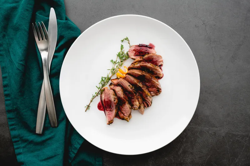 pan-seared wild duck breast with port wine reduction