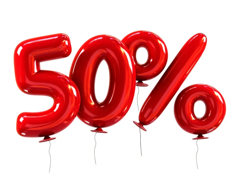 50 discount made of red helium balloons 3d rendering illustration