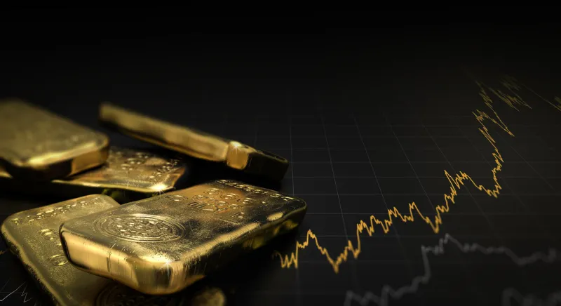 3d illustration of gold ingots over black background with a chart financial concept, horizontal image