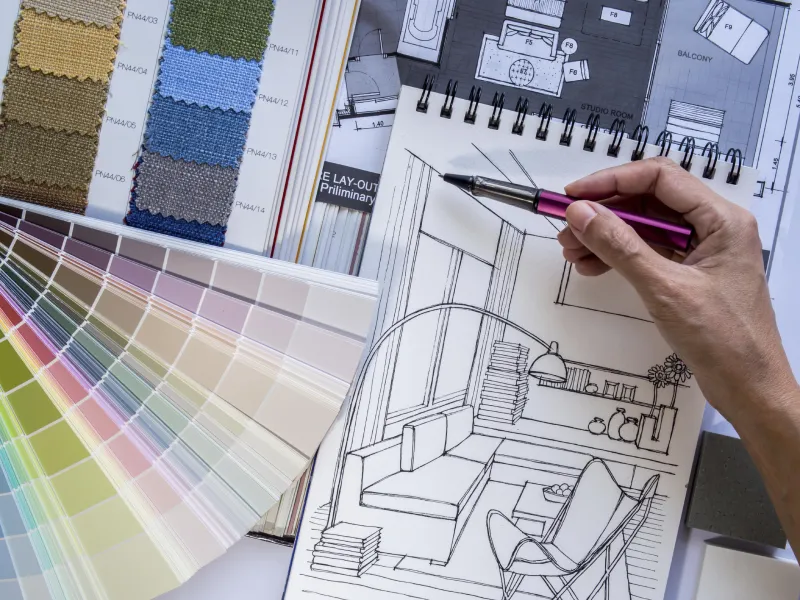main de concepteur d'intérieur travaillant avec des croquis d'illustration, des échantillons de matériel et de couleur