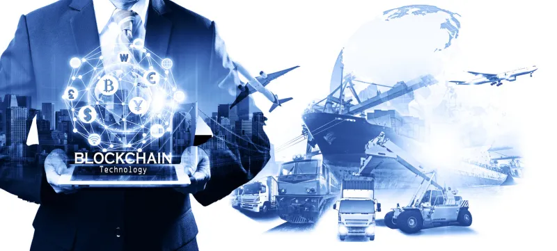 businessman hold the blockchain hologram on tablet, business and technology, internet of thinks and network the concept of cryptocurrency, blockchain, logistics technology transportation conceptnn