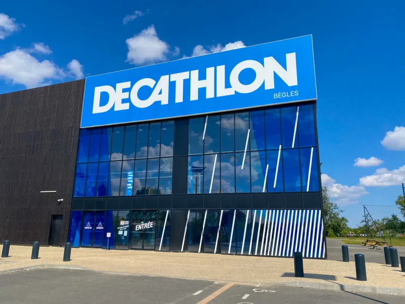 front of a decathlon store in rives d'arcins commercial center in begles, france