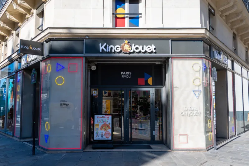 paris, france - february 27, 2023  exterior view of a king jouet retail store king jouet is a french company specializing in the distribution of games and toys