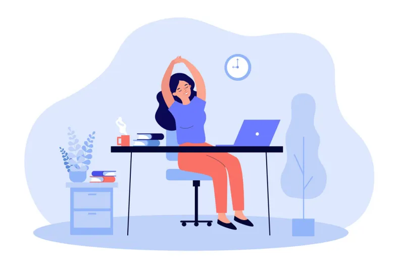 happy young woman relaxing at workplace in office female employee sitting at desk with laptop and stretching during coffee break remote work, rest, job concept