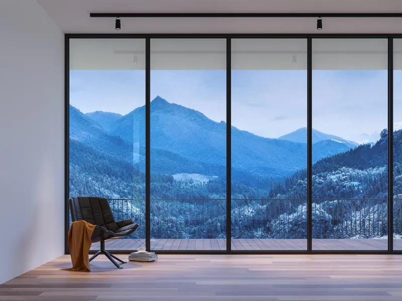 modern style living room with winter view 3d render,there are wood floor,white wall decorate with black leather chair,the room has large windows looking out to see the view of mountain and snow