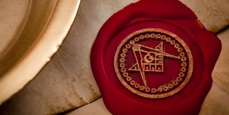freemason secret symbol concept with vintage letter under a candle, sealed with red wax seal with the square, the compass and the g letter in the middle, one of the most identifiable masonic symbols