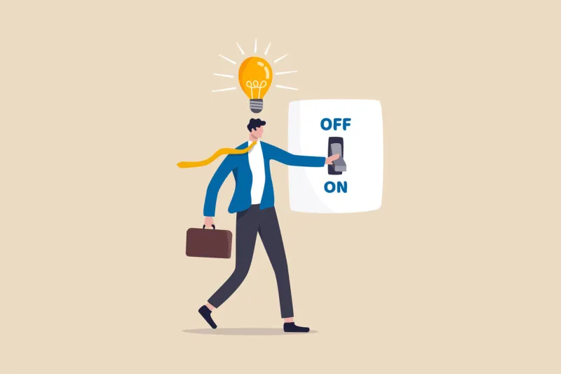 business idea and solution to solve company problem or innovation and strategy to win business success concept, smart businessman turn on lightbulb switch to lit up idea