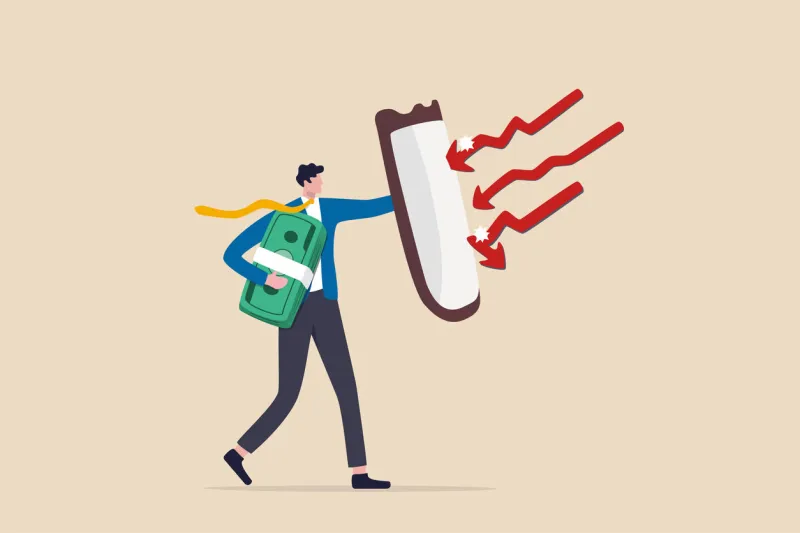 future proof wealth management, inflation protection or protect from stock market crash, investment stock in market downturn concept, businessman investor holding shield to protect from red arrow bow