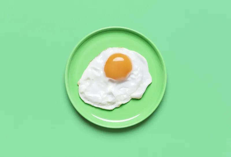 single fried egg in a plate minimalist on a green table top view with a fried egg isolated on a colorful background