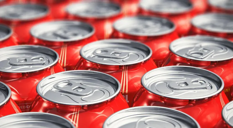 macro view of color drink tin cans with cola soda beverage with selective focus effect