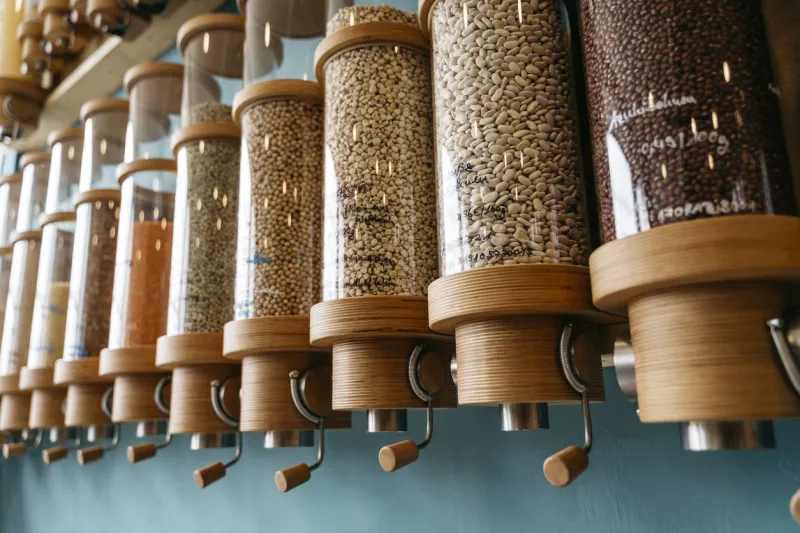 dispenser with organic food in zero waste store