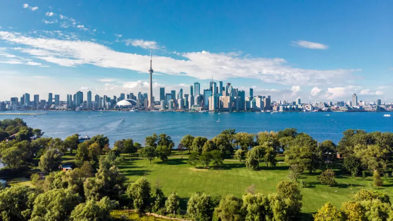 toronto skyline and lake ontario aerial view, toronto, ontario, canada