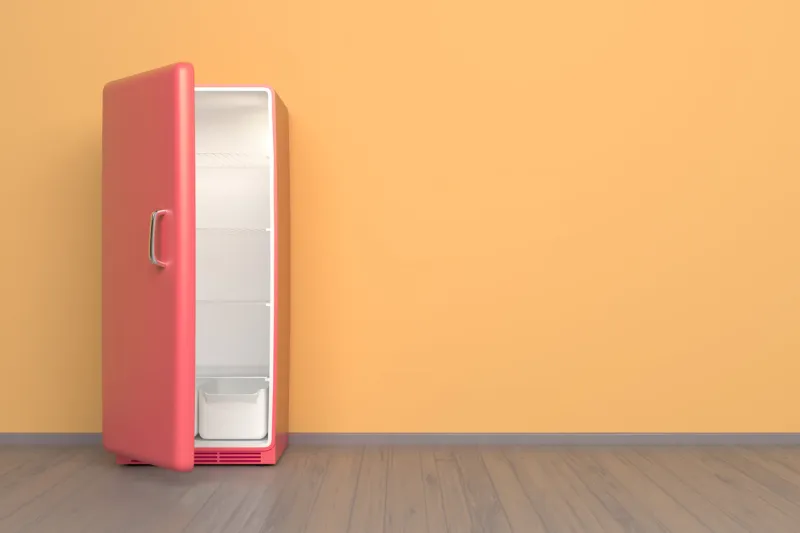 glamour pink refrigerator + retro fridge in an empty room - 3d illustration