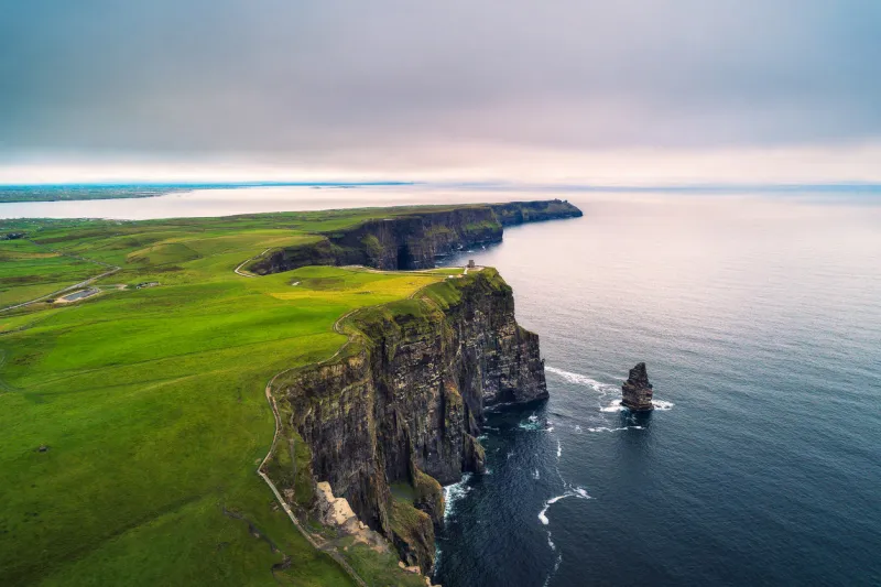 aerial view of the scenic cliffs of moher in ireland this popular tourist attraction is situated in county clare along the wild atlantic way