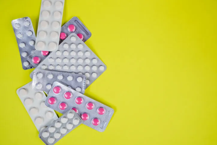 pink-white antibiotics capsule pills in blister pack antimicrobial drug resistance pharmaceutical industry global healthcare pharmacy concept amoxicillin capsule pillscopy spacepharmaceutical medicament