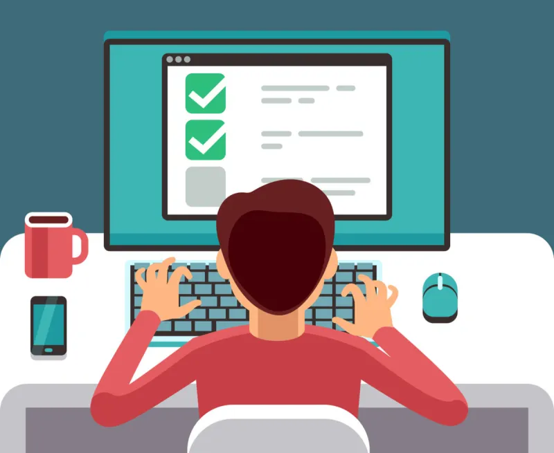 man at computer filling online questionnaire form survey vector flat concept feedback and questionnaire online, survey and report illustration