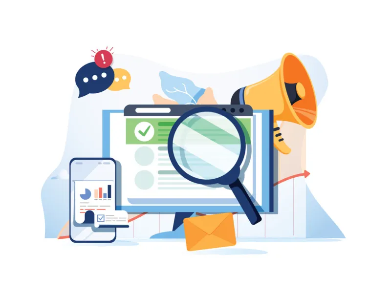 search result optimization seo marketing analytics flat vector banner with icons seo performance, targeting and monitoring, search results website templates modern website concept business solutions