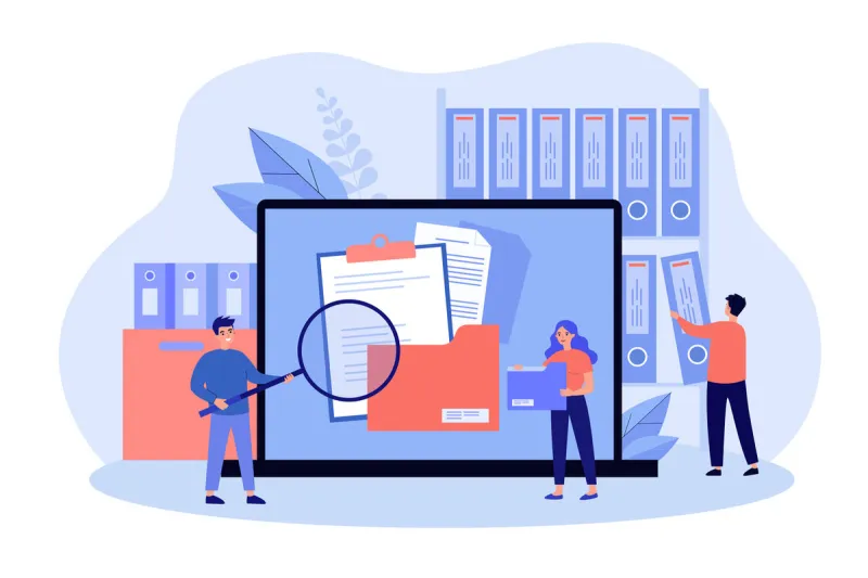 people taking documents from shelves, using magnifying glass and searching files in electronic database vector illustration for archive, information storage concept