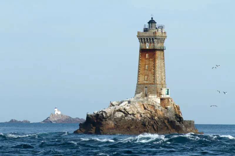 la vieille and tevennec lighthouses in brittany sea at raz point, france