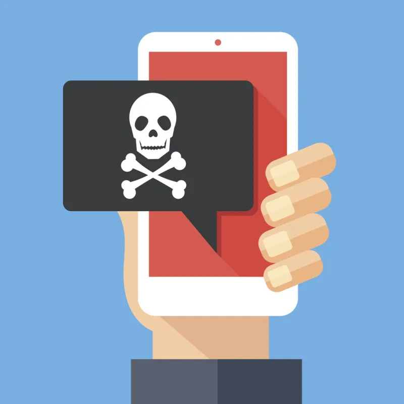 hand holding smartphone, cellphone with speech bubble and skull and bones on screen skull icon threats, mobile malware, spam messages, fraud, sms spam concepts modern flat design vector illustration