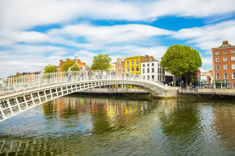dublin, ireland - may 17, 2021  hapenny bridge and liffey river scenic view