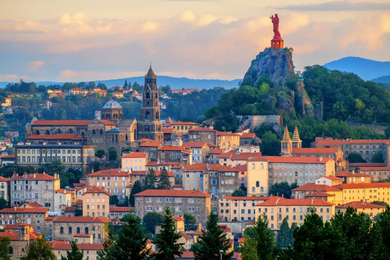 panoramic view of le puy-en-velay old town, the cathedral and notre dame de la france