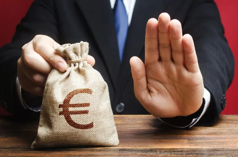 businessman refuses to give european euro eur money bag refusal to grant loan mortgage, bad credit history refuses cooperate financial difficulties economic sanctions, confiscation funds