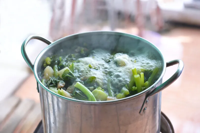 a boiling pot of vegetable soup on top of the stove