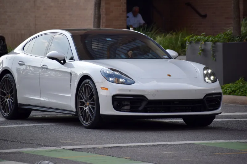 white porsche panamera in downtown houston tx , september