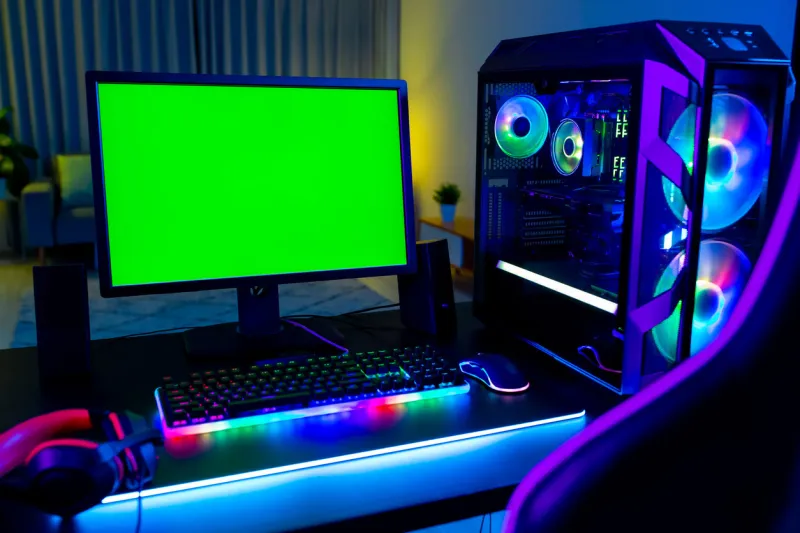 green screen monitor with powerful personal computer for e cyber sport gamer on the table at home