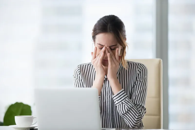 tired businesswoman massaging eyes feeling strain fatigue headache relieving pain, exhausted female worker suffering from migraine eyestrain after computer work, eyesight problem, overwork concept